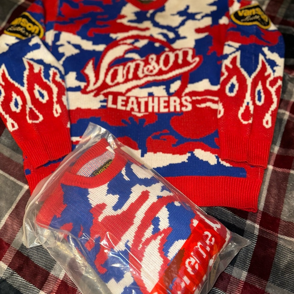 Supreme x Vanson Red and Blue Graphic Crewneck Sweater